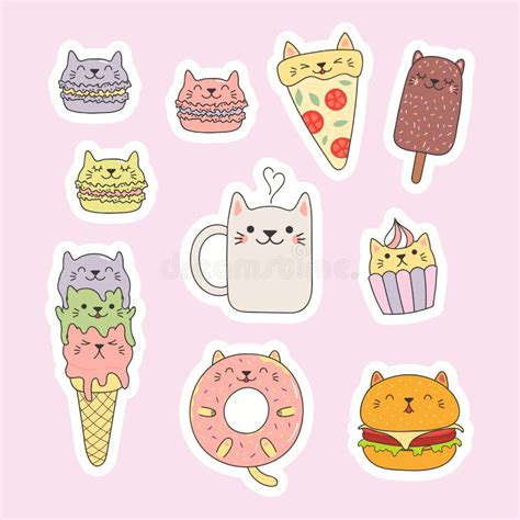 Sistema De Las Etiquetas Engomadas De La Comida Para Gatos De Kawaii