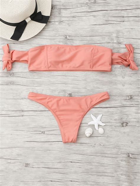 Off Tied Off The Shoulder Bikini Set In Orangepink Zaful