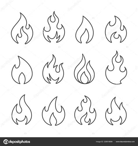 Flames Icon Set Fire Flame Of Various Shapes Linear Icons Stock