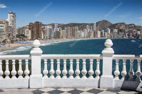 Balcony with view of Benidorm Levante Beach from Mediterranean C Stock ...