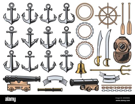 Nautical Icons With Vector Sea Ship Anchors Ropes And Chains Sail