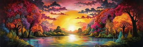 Premium AI Image | A painting of a sunset over a river with clouds and ...