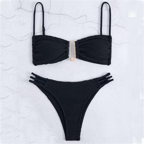 Fengqque Women S Solid Color Two Piece Bikini Sets U Ring Front Top