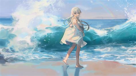 Wallpaper Water Rainbows Beach Long Hair White Hair Blue Eyes