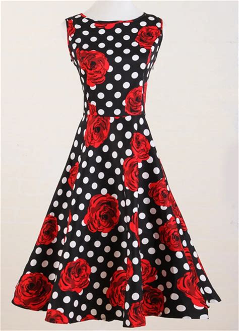 Black White Polkadot Red Roses Print Dresses Uk Style Retro Flare