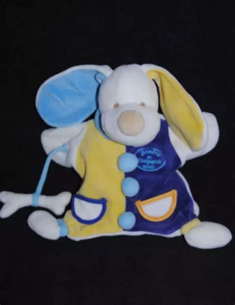 Peluche Doudou Et Compagnie Marionnette Doudou Chien Jaune Blanc Bleu