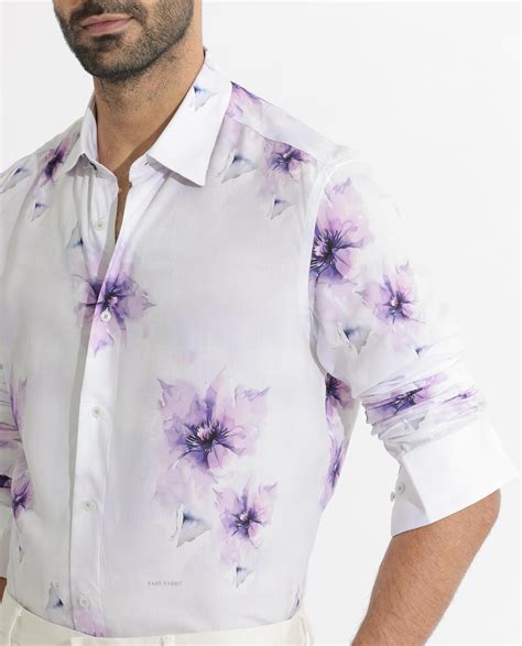 Rare Rabbit Mens Vendar White Viscose Fabric Floral Print Full Sleeve