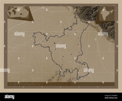 Haryana, state of India. Elevation map colored in sepia tones with ...