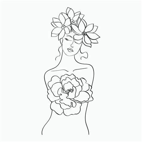 Women and flowers line art. Girl with flowers and leaves one line ...