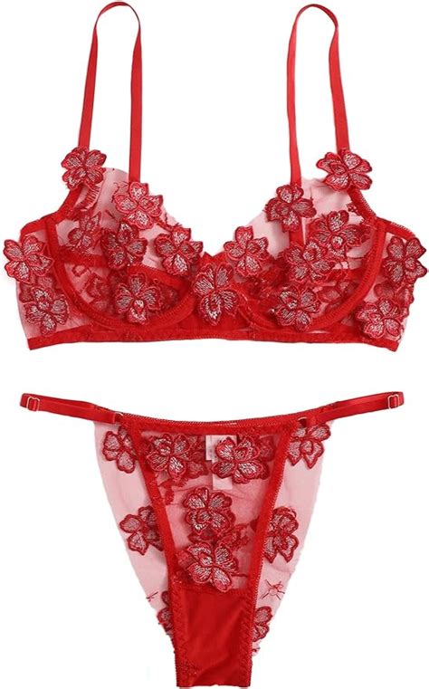 Wdirara Womens Sexy Lace Spaghetti Strap Flower Applique Lingerie Set Red Solid L Amazonde