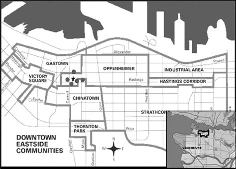 Map of the Vancouver Downtown Eastside. indicates the location of ...