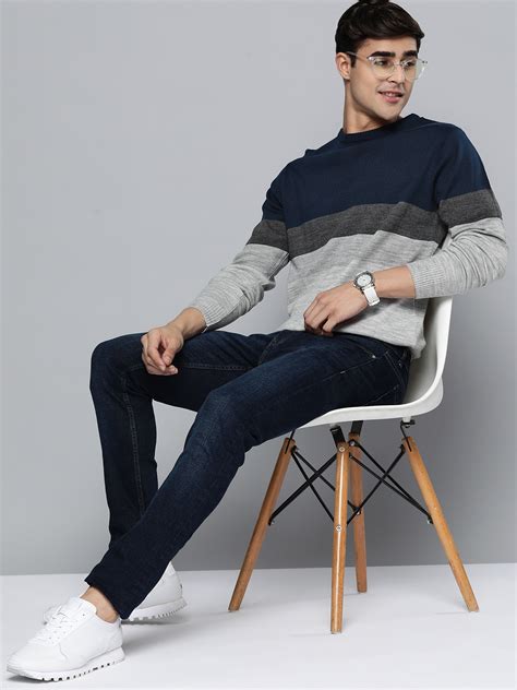 Buy Mast Harbour Men Grey Melange Navy Blue Colourblocked Pullover