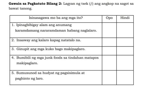 2 Gawain Sa Pagkatuto Bilang 2 Pahina 105 Panuto Lagyan Ng Tsek