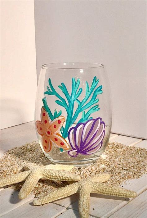 Coral Starfish Stemless Wine Glasses Sea Shells Ocean Beach Wine Glass