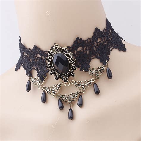 Μαύρο Gothic Crochet Choker Black Crystals And Drops Black Raven