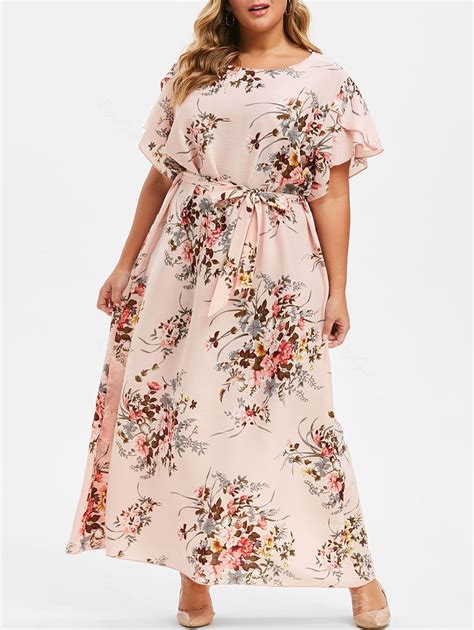 58 OFF Plus Size Flower Tulip Sleeve Belted Dress Rosegal