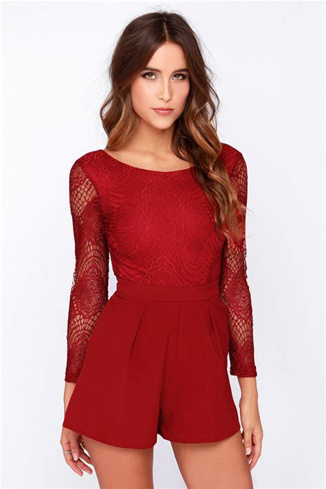 Sexy Wine Red Romper Lace Romper Long Sleeve Romper 4800