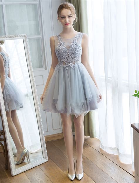 Tulle Homecoming Dresses Lace Applique Tutu Dress Light Gray Short Prom