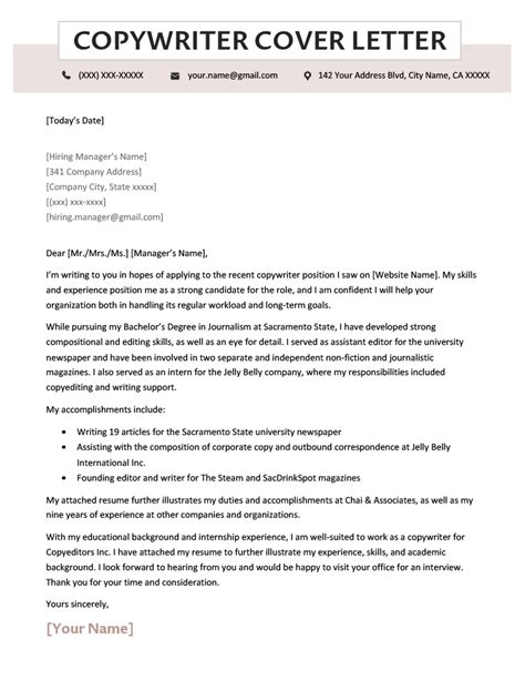 Copywriter Cover Letter Example And Writing Guide