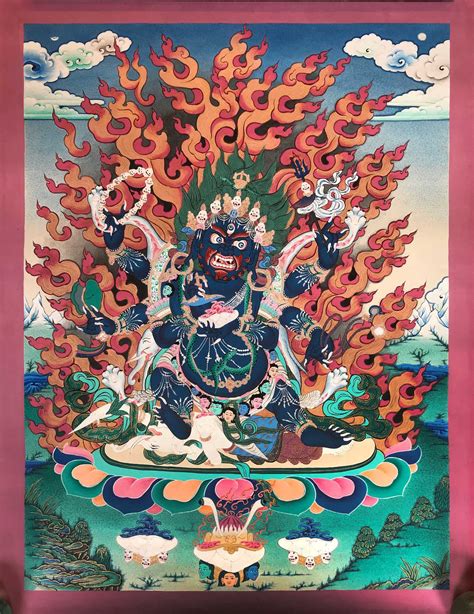 Tibetan Thangka Of Black Mahakalatraditional Color Using Real Gold