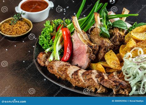 Shashlik Or Shish Kebab Prepared On Barbecue Grill Pieces Of Meat