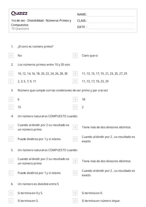 N Meros Primos Y Compuestos Hojas De Trabajo Para Grado En