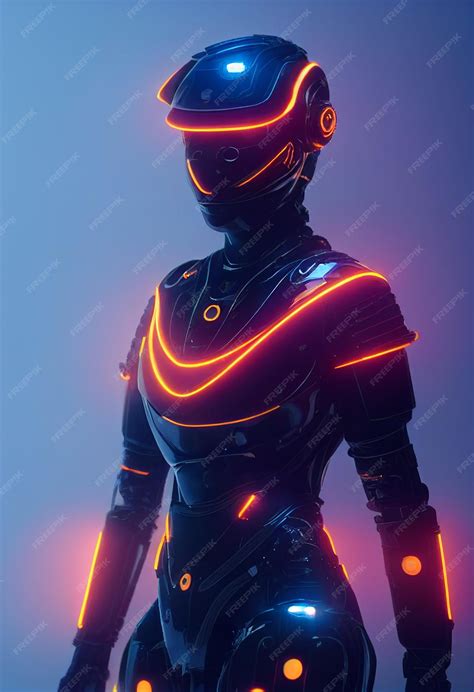 Premium Photo | Female cyborg in a full high tech orange rays exo suit