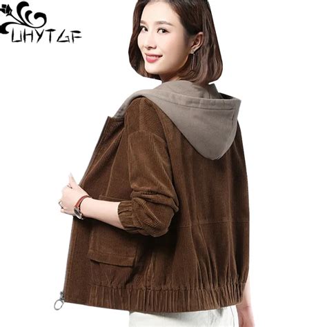 Uhytgf Womens Spring Autumn Jacket Fashion Corduroy Hooded Female Short