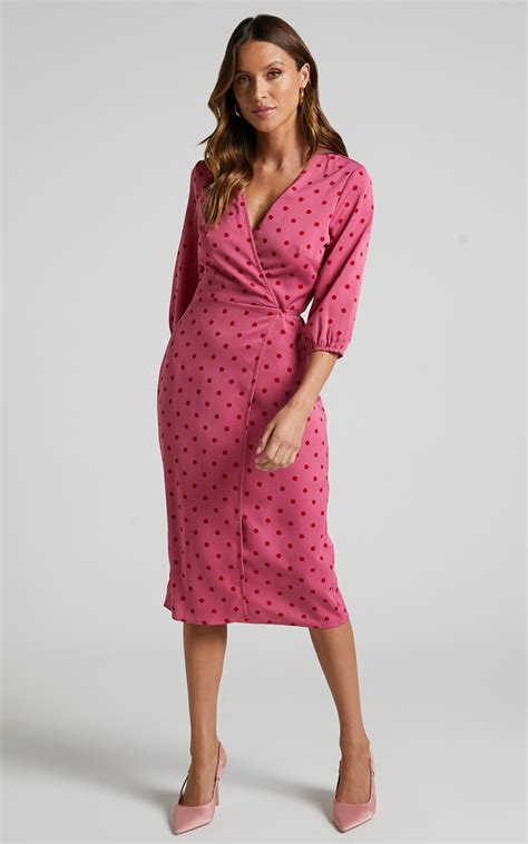 Bethrix Midi Dress 3 4 Sleeve Wrap Dress In Pink And Red Polka Dot