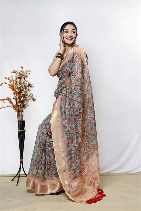 Buy Online Organza Kalamkari Printed Saree With Jacquard Weaving Border