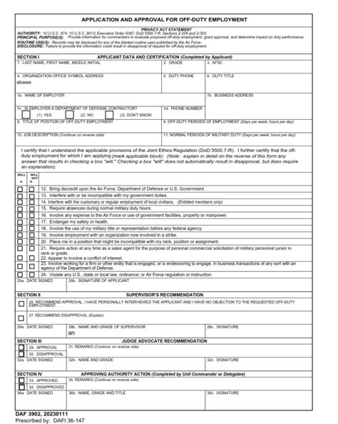 Daf Form 3902 Application And Approval For Off Duty Employment