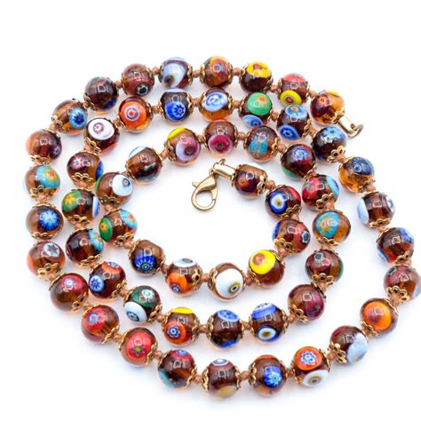 Vintage Millefiori Murano Glass Amber Beaded Necklac Gem