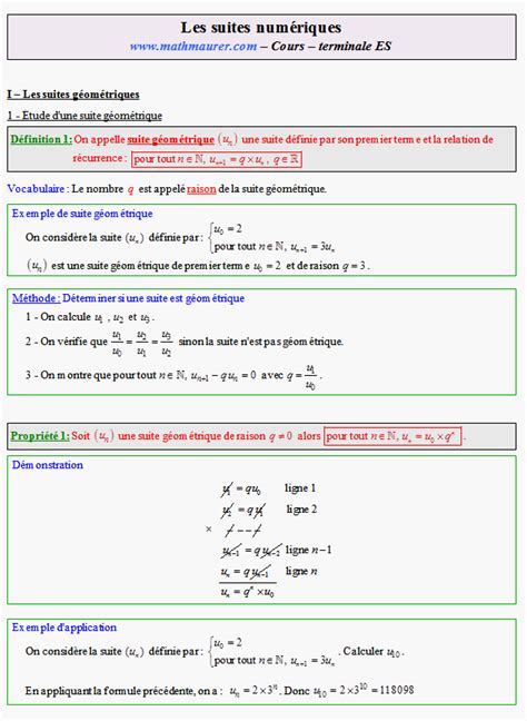 Cours Sur Les Suites Num Riques En Terminale Es