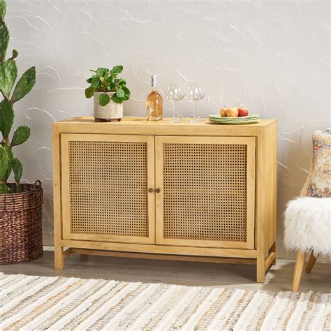 Viola Boho Handcrafted 2 Door Mango Wood Cabinet With Wicker Caning Natural