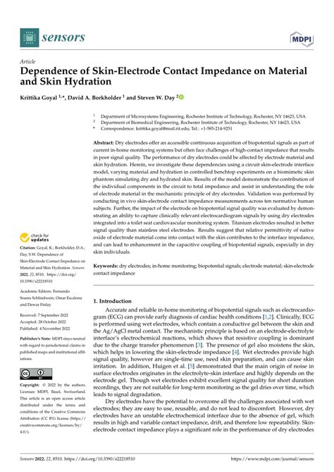 Pdf Dependence Of Skin Electrode Contact Impedance On Material And