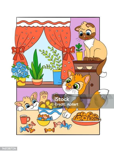 Cute Kittens Eat Treats Vector Cartoon Illustration向量圖形及更多享受圖片 Istock