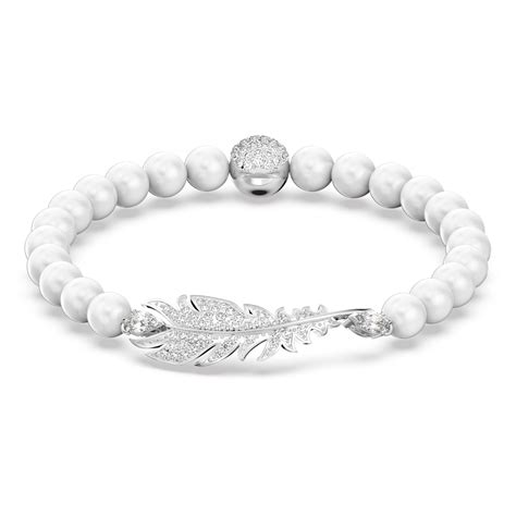 Nice Bracelet Magnetic Closure Feather White Rhodium Plated Swarovski