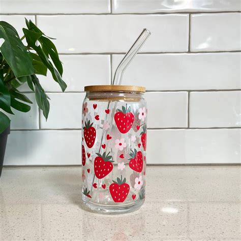 Strawberry Glass Cup Strawberry Glass Tumbler 16oz Glass Can With Lid And Straw Iced Coffee