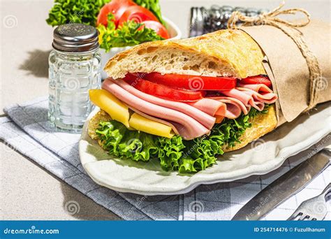 Panini Sandwich With Ham Crispy Salad And Vegetables Healthy Food To