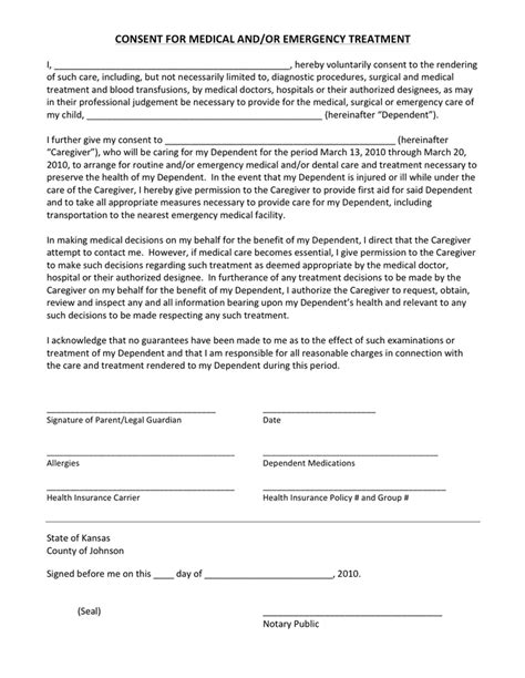 Consent For Medical And Or Emergency Treatment Form In Word And Pdf Formats