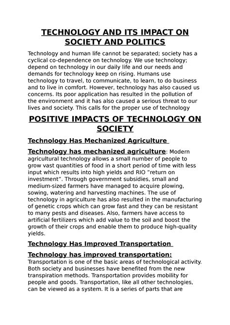 Technology And Its Impact On Society And Politics Technology And Its