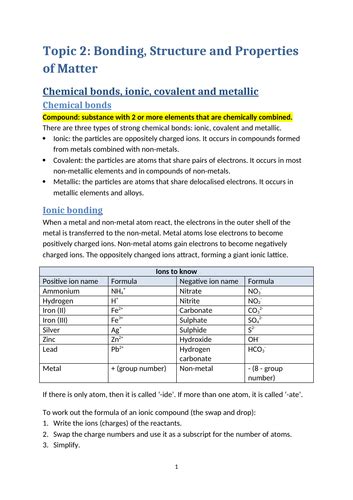 Aqa Gcse 9 1 Chemistry Notes Bonding Structure And Properties Of Matter Teaching Resources