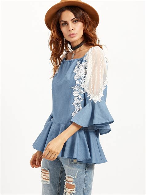 Blue Crochet Applique Mesh Insert Bell Sleeve Peplum Top SheIn Sheinside