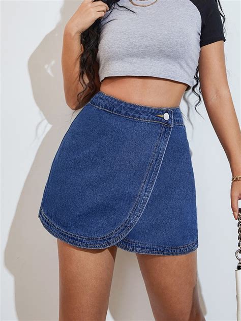 Single Button Wrap Hem Denim Skirt