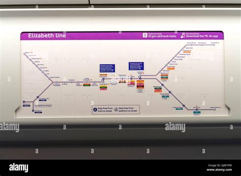 purple Crossrail line (Elizabeth Line) stations route map displays ...