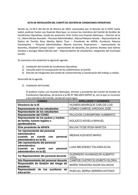 Actas condiciones operativas ACTA DE INSTALACIÓN DEL COMITÉ DE