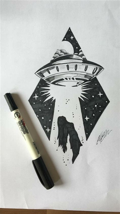 A Pen And Ink Drawing Of An Alien Ship With A Dog In The Sky Above It