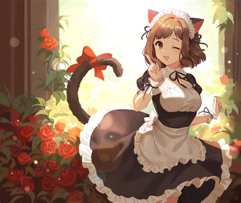 Anime Anime Girls The Maekawa Miku Maid Cat Girl Tail Rose Flowers Brunette Hd Wallpaper