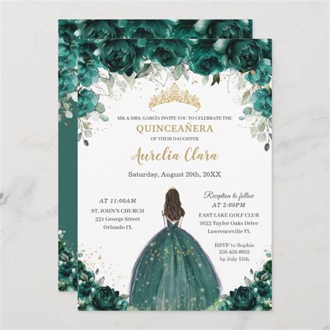 Quinceañera Emerald Green Floral Tiara Princess Invitation Zazzle