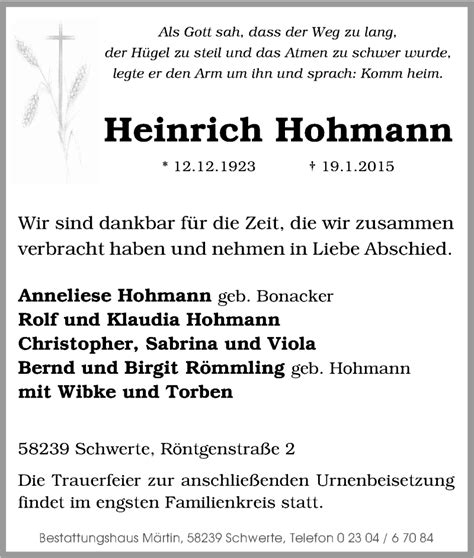 Traueranzeigen Von Heinrich Hohmann Trauer In Nrw De